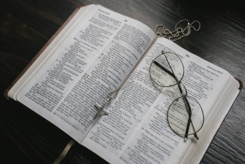 a close up shot of an open bible