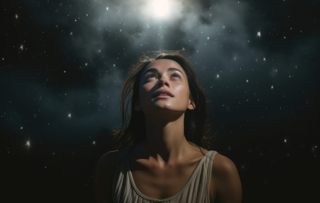 A woman gazing upwards at a starry night sky, illuminated by a bright light above her.