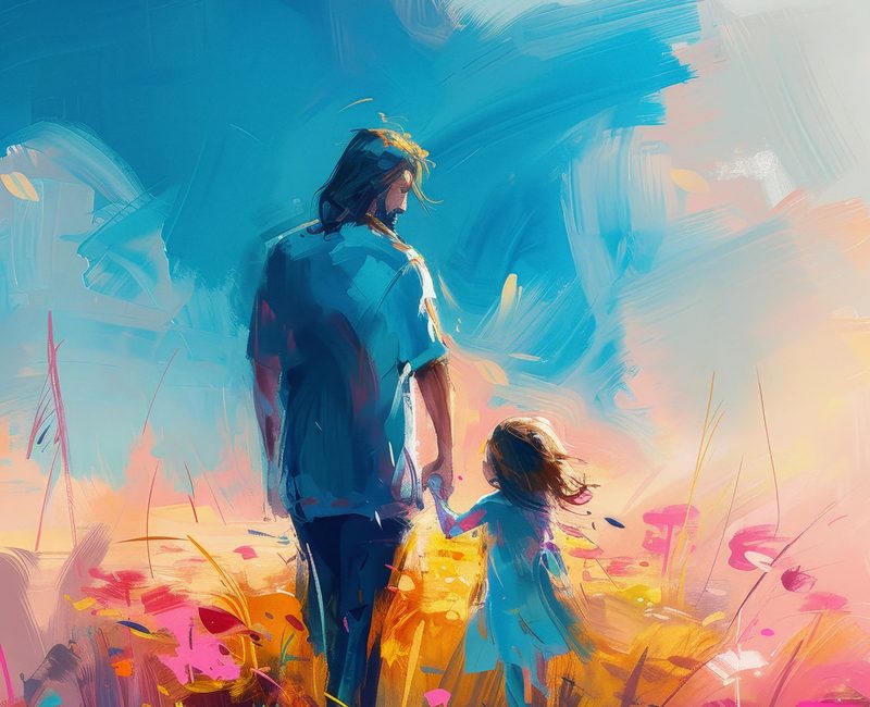 A stylized illustration of a man and a young girl walking hand in hand through a colorful field, with vibrant flowers and a bright sky in the background, symbolizing faith and companionship.