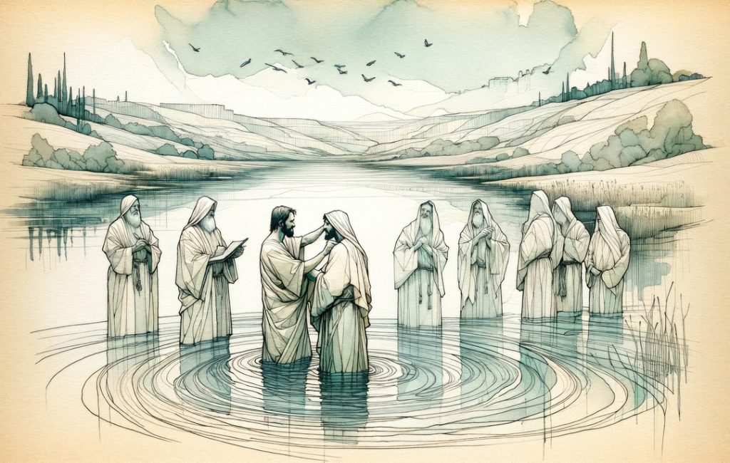 A scene depicting John the Baptist baptizing Jesus in a serene body of water, with several onlookers witnessing the event amidst a tranquil landscape.