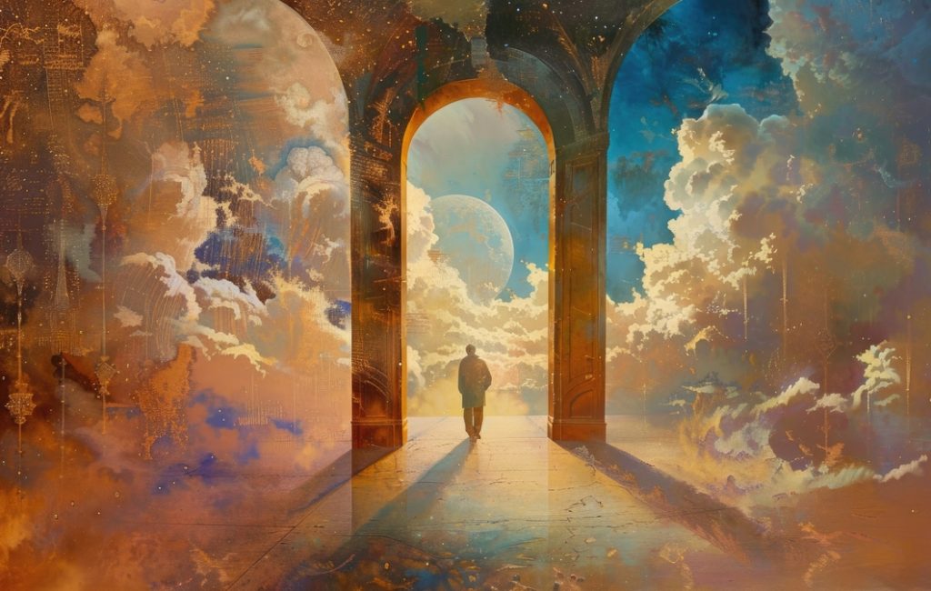 A person standing in an archway, gazing into a vibrant, heavenly landscape filled with clouds and cosmic elements.
