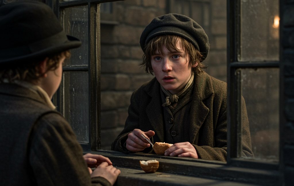 A young boy in 19th-century clothing, looking intently through a window, holding a piece of bread, with another boy partially visible in front of him.