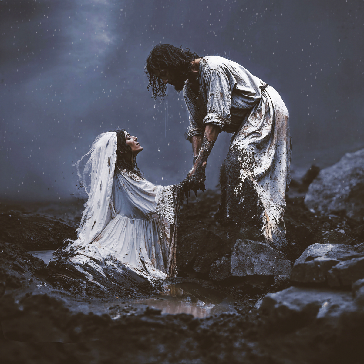 A man reaching out to a woman in a muddy, dark setting, symbolizing rescue and redemption, as rain falls around them.