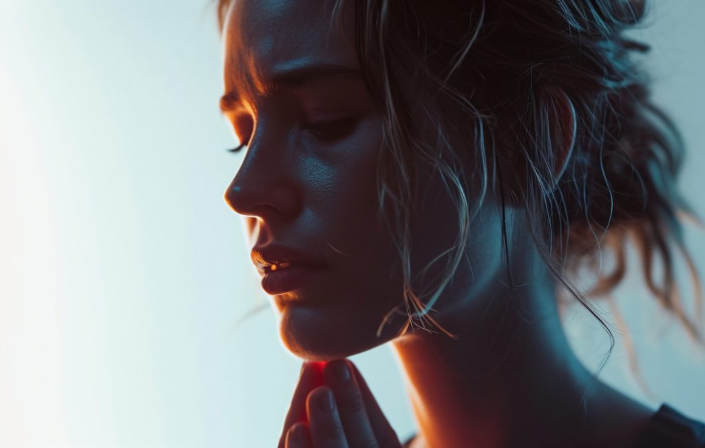 A contemplative woman with her eyes closed, gently touching her chin, illuminated by soft, warm lighting against a cool background.