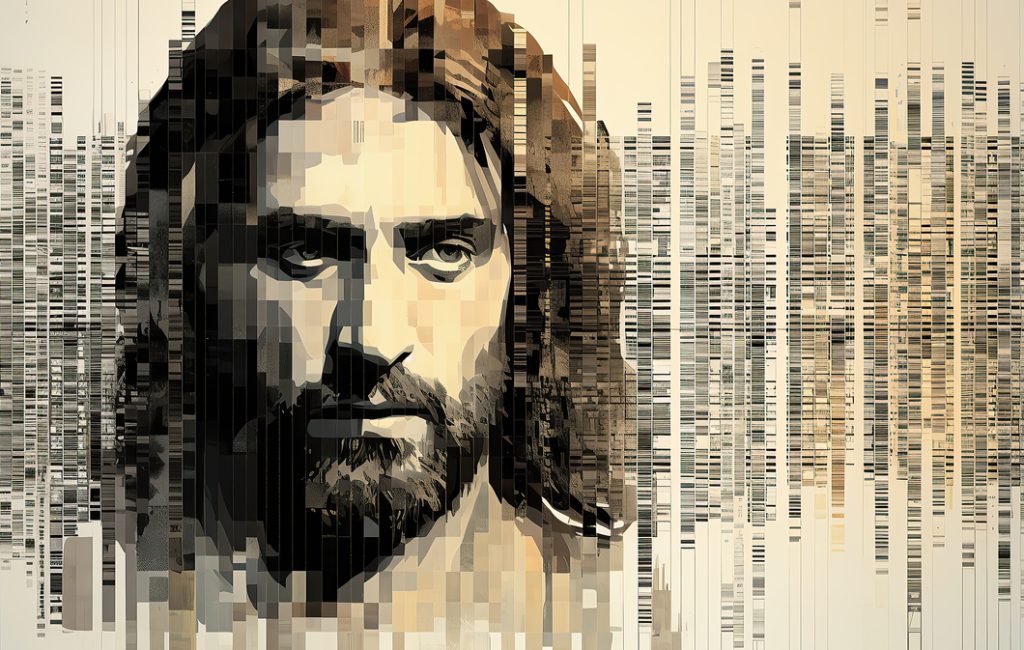 Abstract representation of a man's face with long hair and a beard, composed of vertical lines and fragments, suggesting a digital or artistic interpretation.