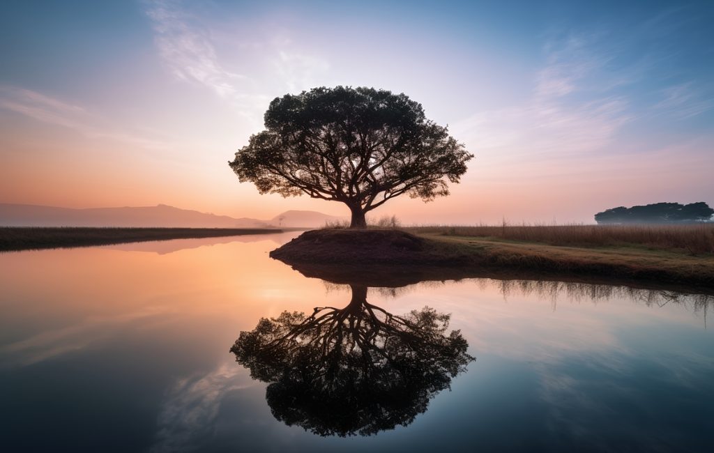A serene landscape featuring a lone tree on a sandy bank beside a still body of water, reflecting the tree and a colorful sky at dawn.