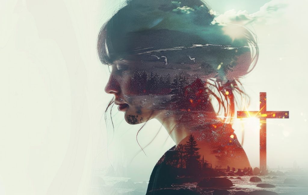 A woman in profile with an artistic overlay of nature and a cross in the background, symbolizing faith and introspection.