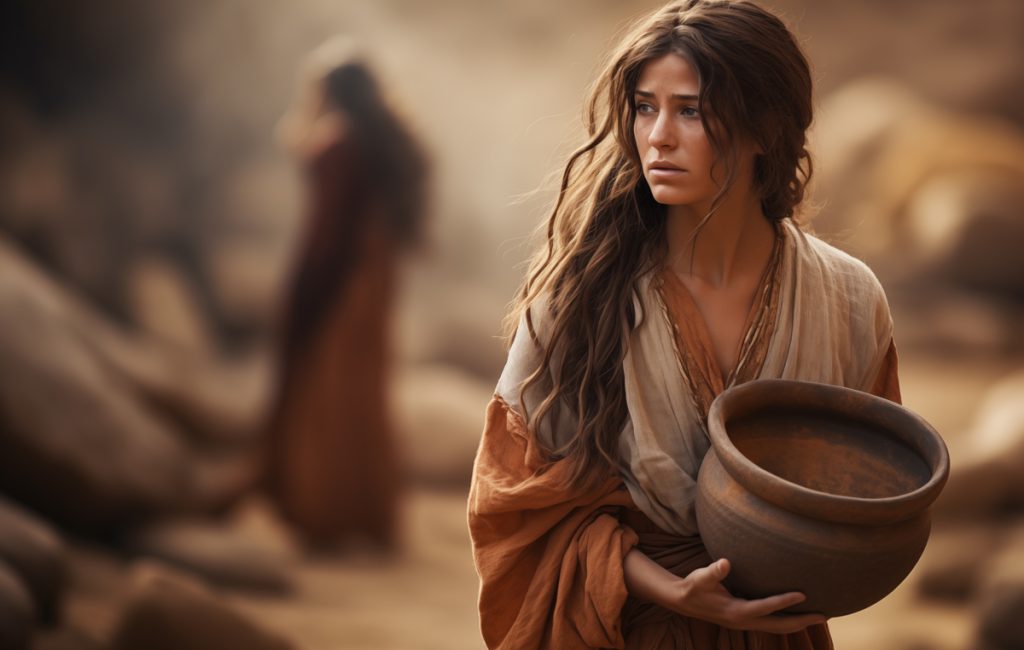 A woman in ancient attire holding a clay pot, looking contemplative against a blurred background of rocks and another figure in similar dress.