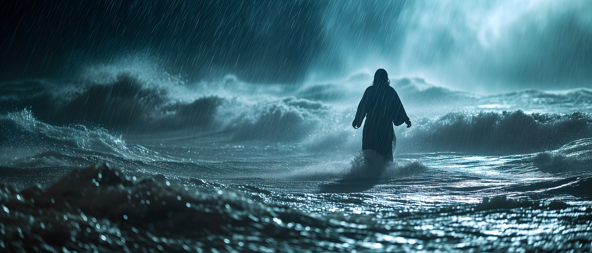 A silhouette of a person walking through rough waves in a stormy ocean, with heavy rain falling and dramatic lighting.