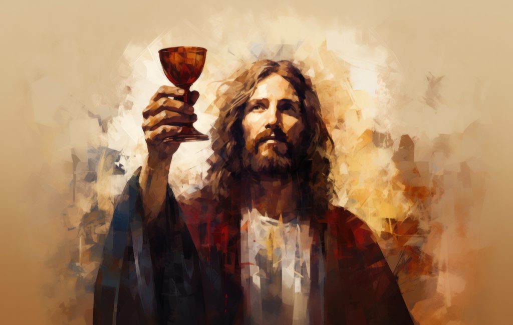A stylized depiction of a man with long hair and a robe, holding a chalice aloft against a warm, abstract background.