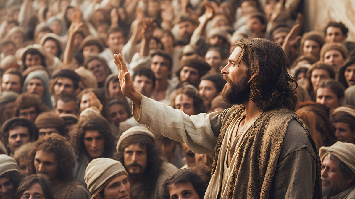 A man with long hair and a beard stands in front of a large crowd, raising his hand in a gesture of speaking or blessing. The crowd, dressed in historical garments, appears engaged and attentive.