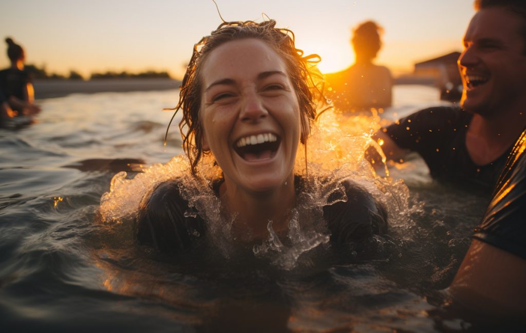 A young woman laughing joyfully while splashing in water during sunset, surrounded by friends.