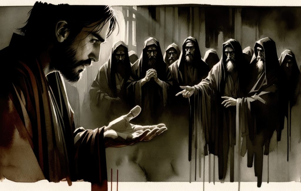 A dramatic scene depicting a man with a beard, looking pensively at his outstretched hand, surrounded by shadowy figures in hoods, conveying a sense of tension or dialogue.