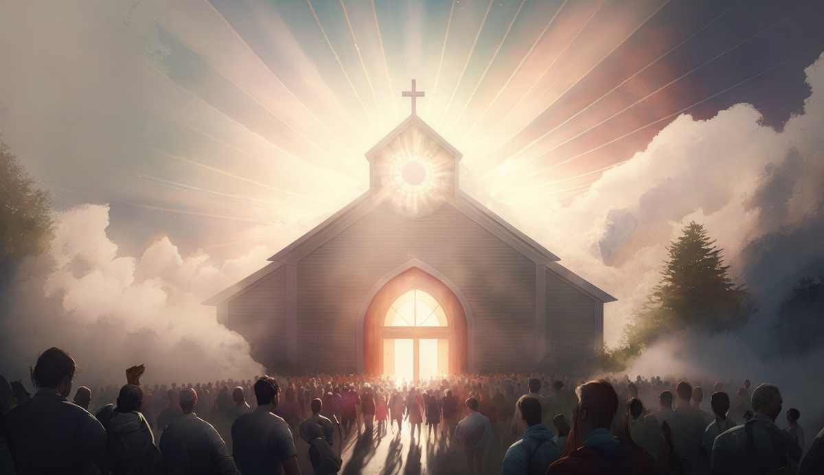 A large crowd gathers in front of a church building illuminated by a bright light, with rays of sunlight breaking through the clouds.