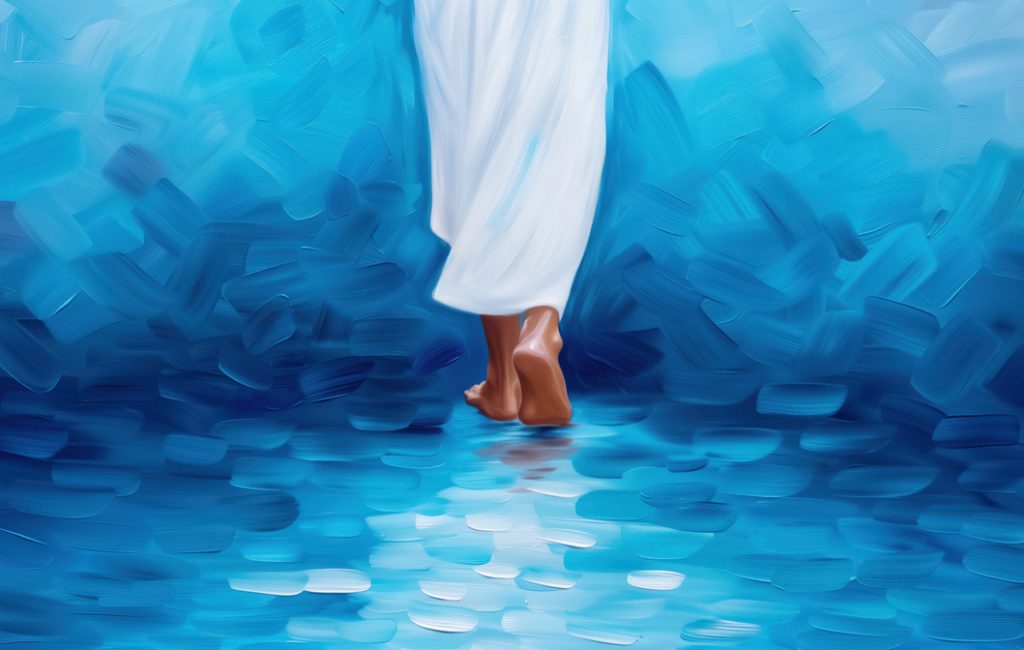 A close-up of a person's feet walking on water, with soft blue hues in the background and a reflection on the water surface.