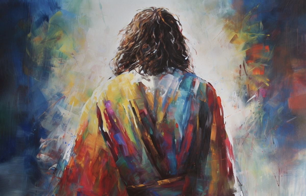 An impressionistic painting of a figure with long, curly hair viewed from the back, wearing a colorful robe. The background features a vibrant blend of colors, suggesting a bright, ethereal atmosphere.