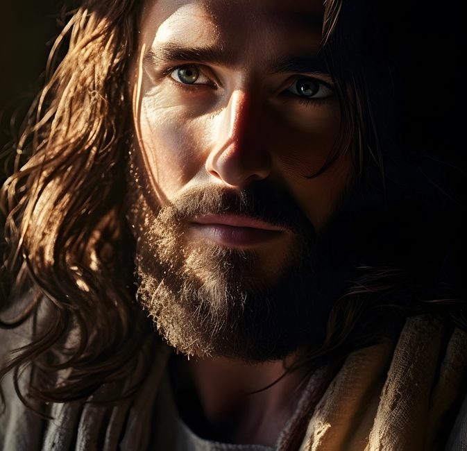 Close-up portrait of a man with long hair and a beard, illuminated by soft light, emphasizing his expressive eyes and facial features.