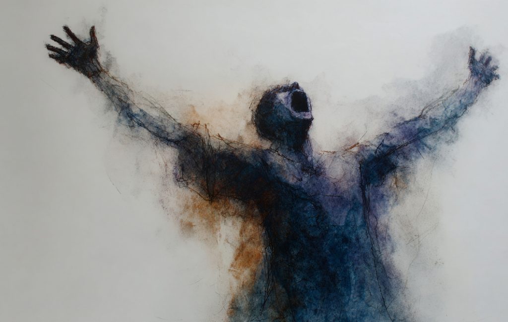 Abstract artwork depicting a figure with outstretched arms and a mouth open in a scream, rendered in dark blues and browns against a light background.