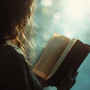 A person with long hair is reading a book, illuminated by soft, ambient light.