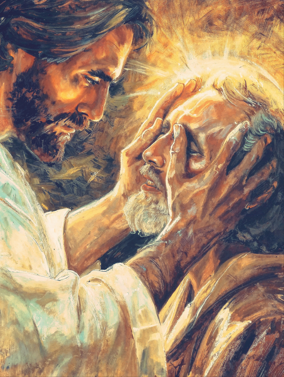 A close-up illustration of a man with long hair and a beard, gently touching the face of an older man, conveying a sense of compassion and connection. The background features warm, glowing colors that enhance the spiritual atmosphere.